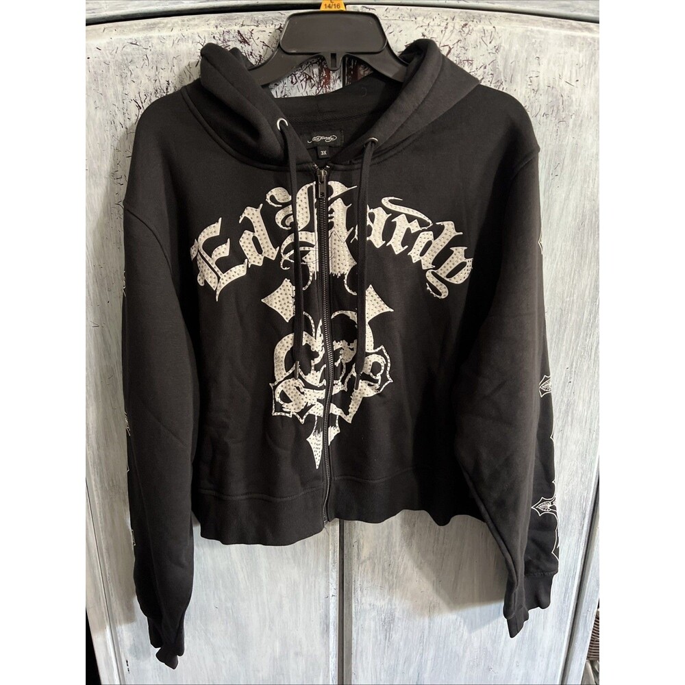 Ed Hardy graphic hooded zip up jacket Bill Goth Grunge Y2K Demo